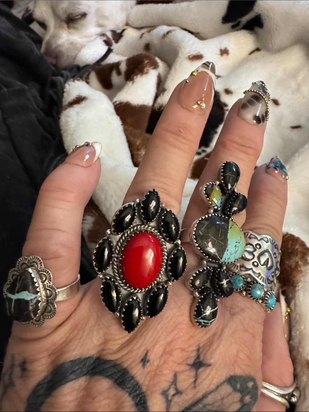 Sterling Silver with Red coral and onyx Stones